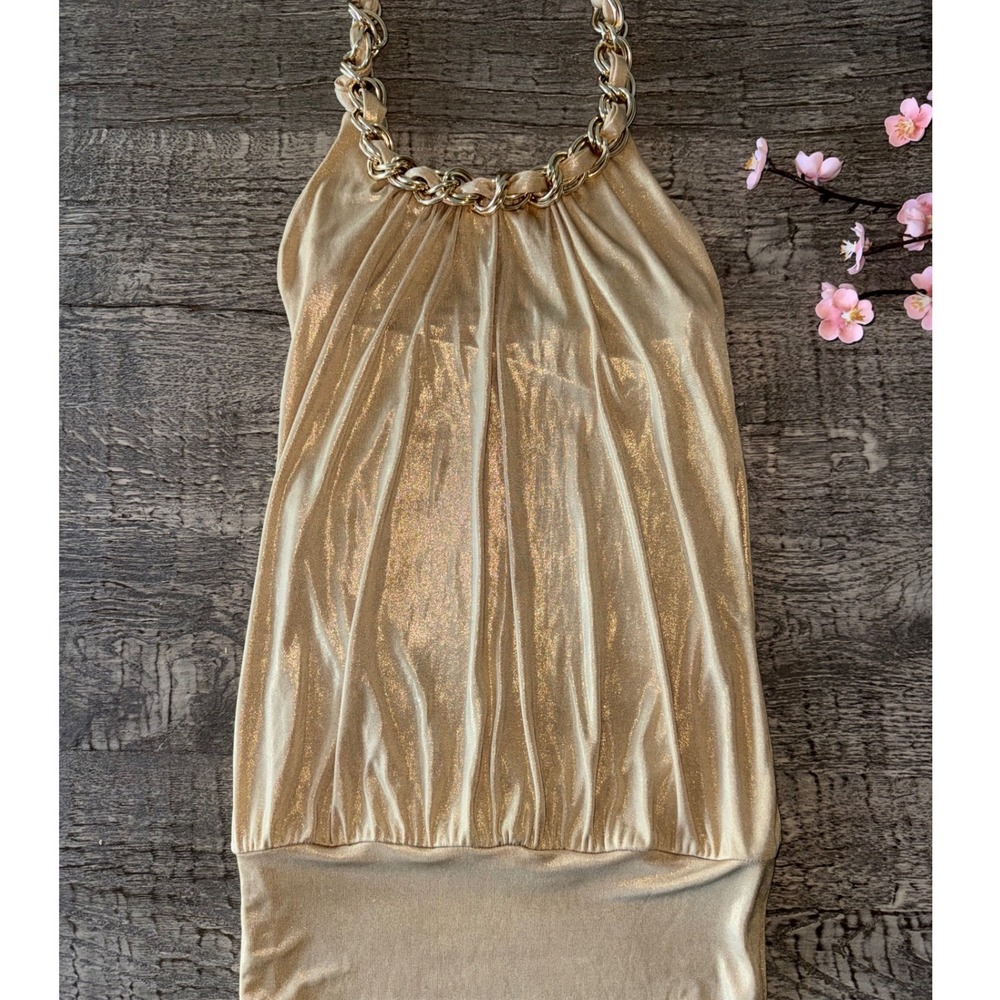 Vintage Bebe Gold Metallic Halter Mini Dress Y2K Chain Neck  S - Picture 2 of 7